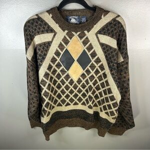 Vintage 90s Atlantic Traders Geometric Leather Patch Brown Sweater Size Mens XL